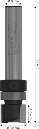 Broca de roteador Bosch PRO com acabamento nivelado para rolamento superior de 12,7 x 9,5 mm.